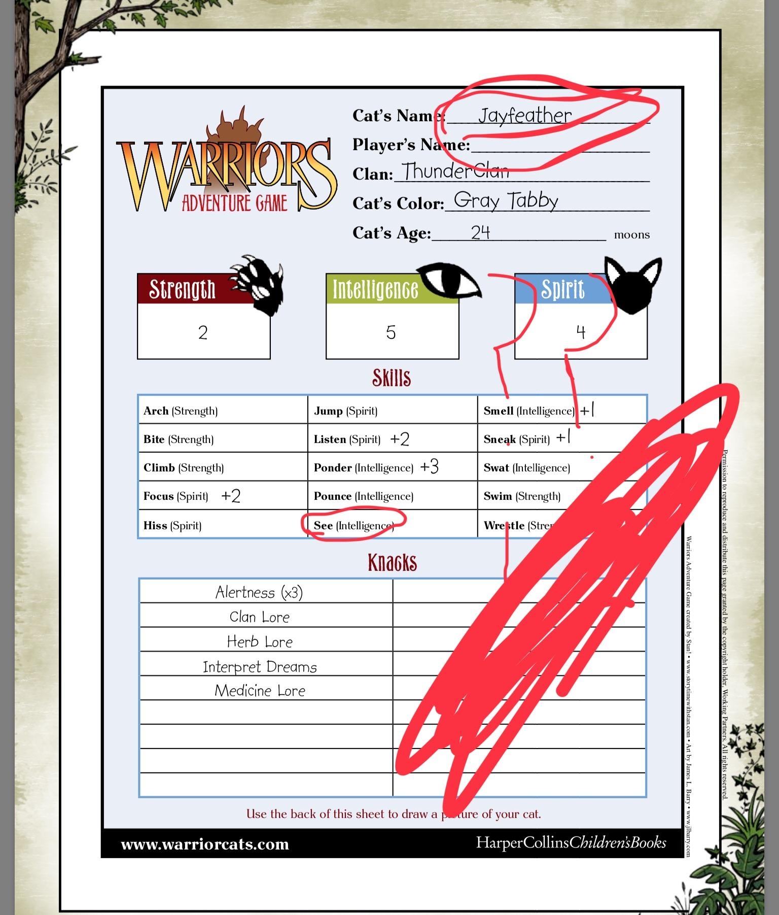 Printable Warrior Cats Adventure Game Sheet