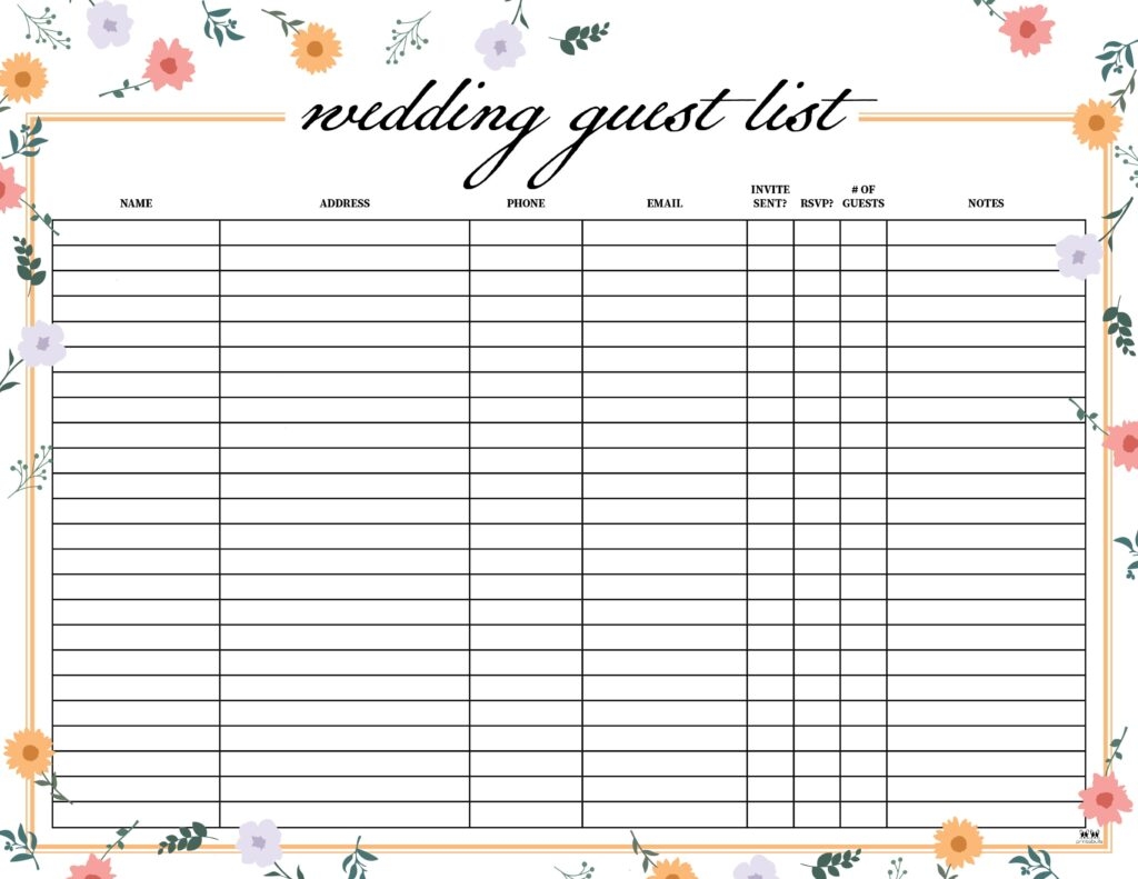 Wedding Guest List Templates 20 FREE Lists Printabulls Wedding Guest List Templates 20 FREE Lists Printabulls