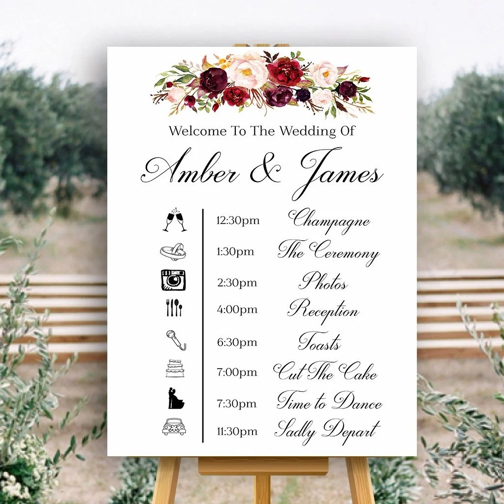 Wedding Timeline Sign Marsala Floral Crisp White Printable Wedding Timeline Sign Marsala Floral Crisp White Printable