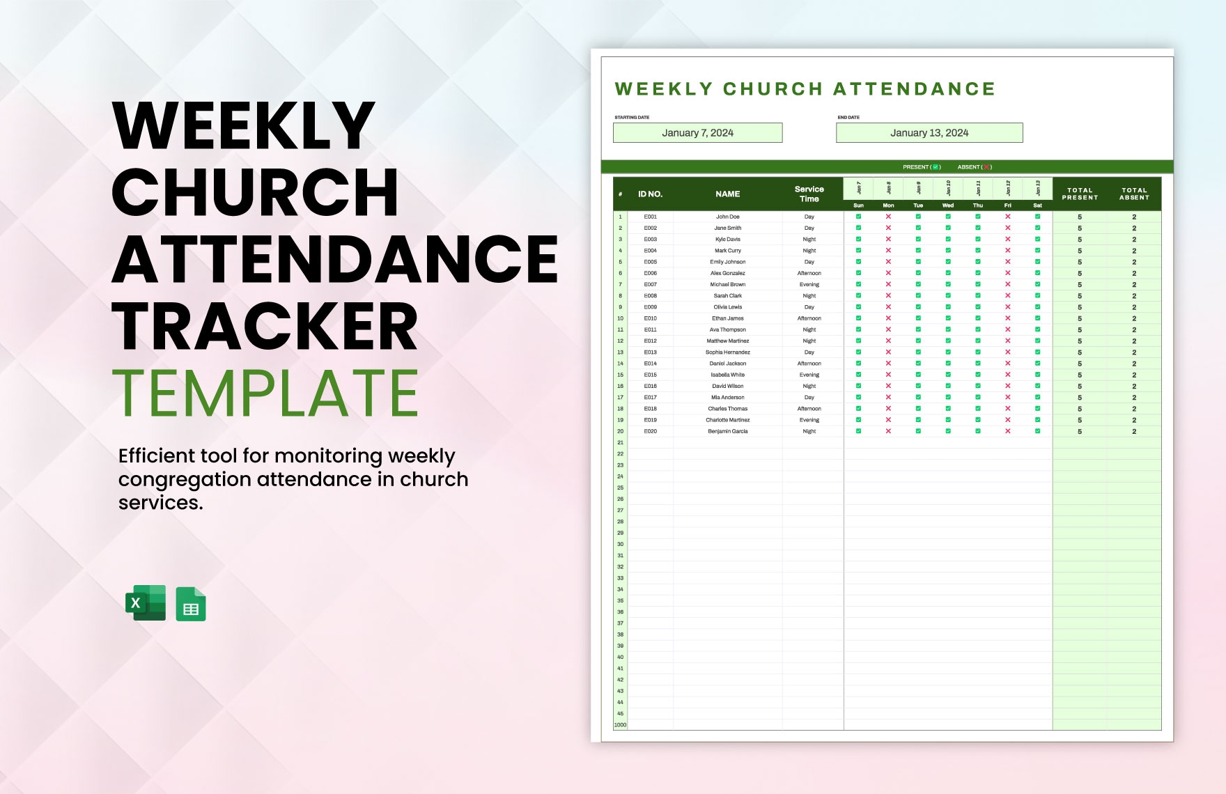 Weekly Church Attendance Tracker Template In Excel Google Sheets 