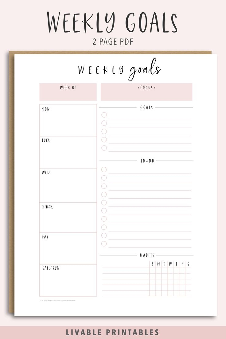 Weekly Goals Planner Printable Weekly Goals Planner Printable