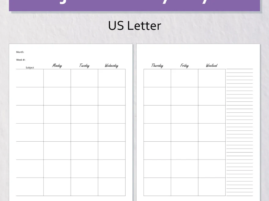 Weekly Subject Planner Layout Insert Printable Undated Letter Size