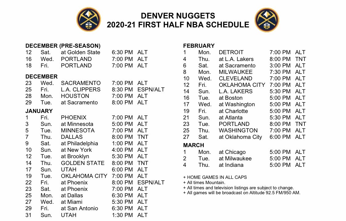 Nuggets Television Schedule Printable