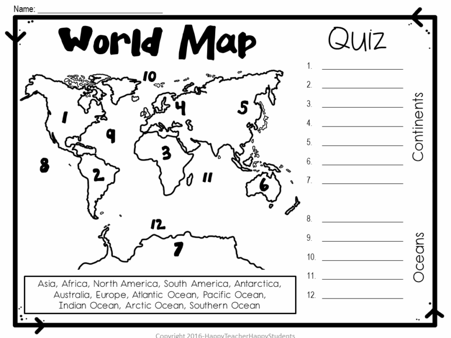 World Map World Map Quiz Test And Map Worksheet 7 Continents