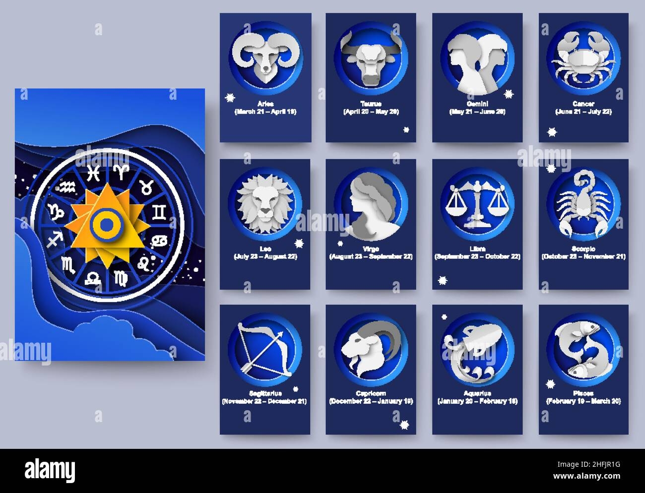 Zodiac Wheel Twelve Horoscope Signs Vector Paper Cut 